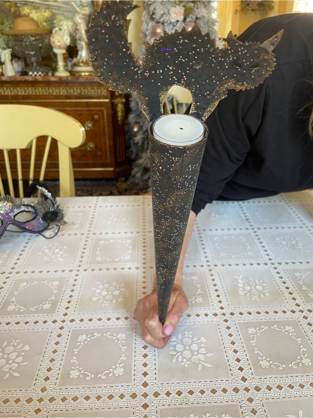 Black Glitter Metal Cone Candle Holder with Decorative front